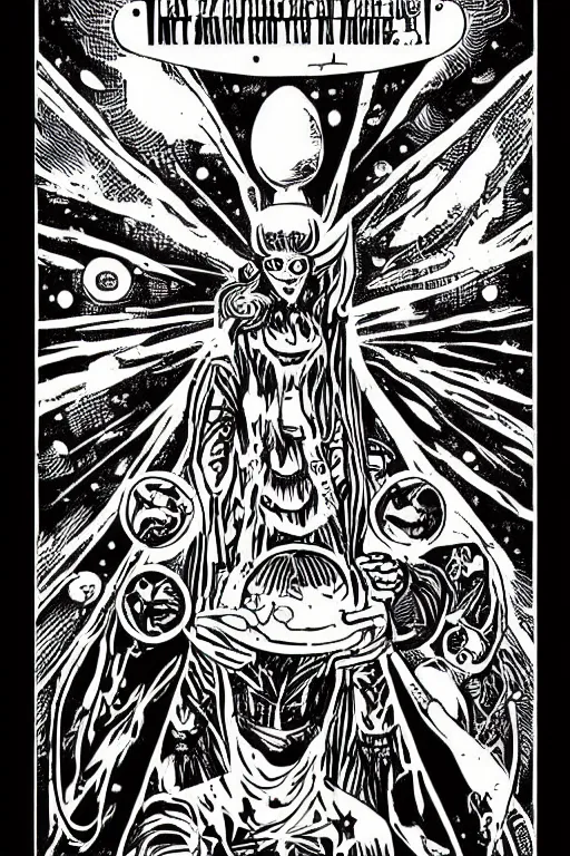 Image similar to tarot, occult, comic book art style, grey aliens, typography, ufos, vintage, apocalyptic, sci - fi, technology, gnosticism, surrealism,