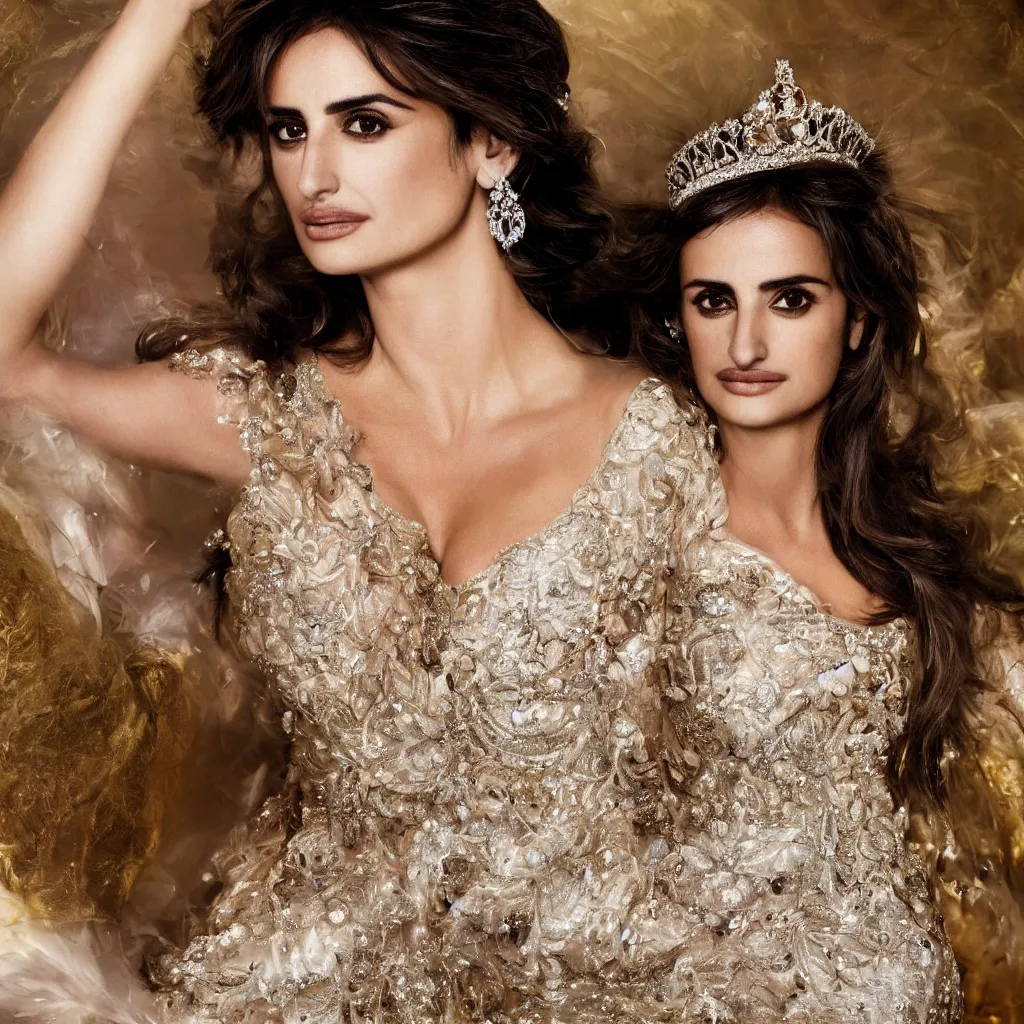 Image similar to penelope cruz as the princess of england, big crown adorned with emerald, diamonds, topaz, gold, ruby and other jewellaries, sensual, beautiful soft light failling on her face, zoomed out, studio photography, nikon 3 5 mm portrait photography, ultra realistic