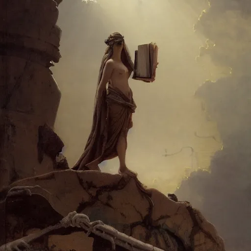 Image similar to half portait of medusa wearing a closed cowl and big old book! chained to the wrist, jeremy mann, jean - leon gerome, tiepolo, alphonse mucha, greg rutkowski, face in the shadows, ( ( ruins of ancient rome ) ), at dusk, mysterious atmosphere, sunrays, dof, high detailed, 8 k