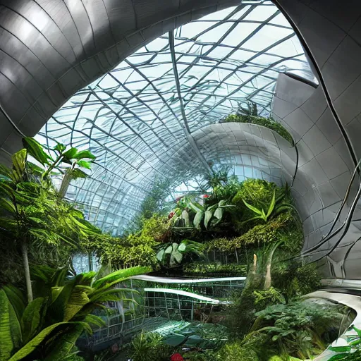 Image similar to stunning indoor jungle inside epic high technology biodome designed by zaha hadid, ultra detailed, highest quality, trending on artstation, polished minimalistic design, smooth organic forms, bio architecture, 8 k