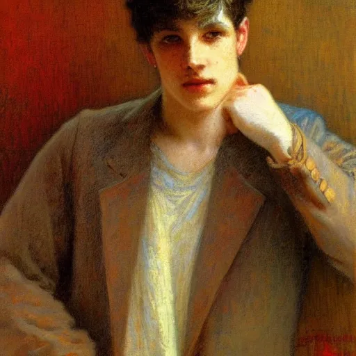 Prompt: eloquent soulful portrait of a haunted young man against bright background, oil painting, gaston bussiere, mucha, gerome,