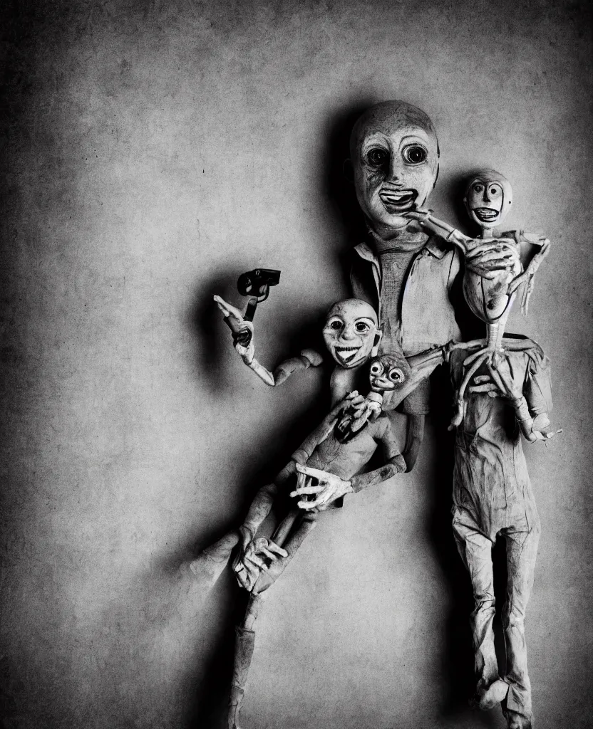 Prompt: movie poster with a creepy ventriloquist dummy in the style of roger ballen, 4 k, bw, portrait