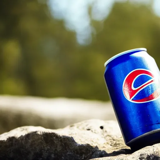 Prompt: a can of pepsi, on a rock, outdoors