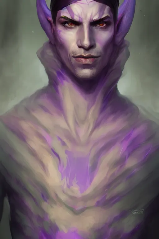 Prompt: djinn man male demon, portrait, full body character, concept art, purple cloak, single face, illustration, white spiral horns, single face, cinematic color grading, editorial photo, fashion, hyperrealism, trending on artstation, Charlie Bowater, WLOP