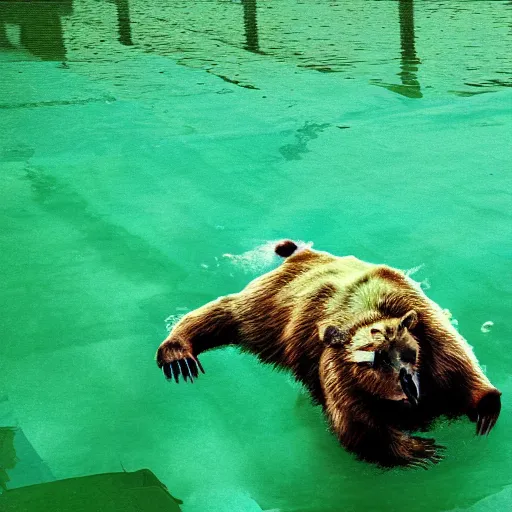 Prompt: zombie bear swimming in a toxic green pool of liquid, photo image by national geographic + realistic horror