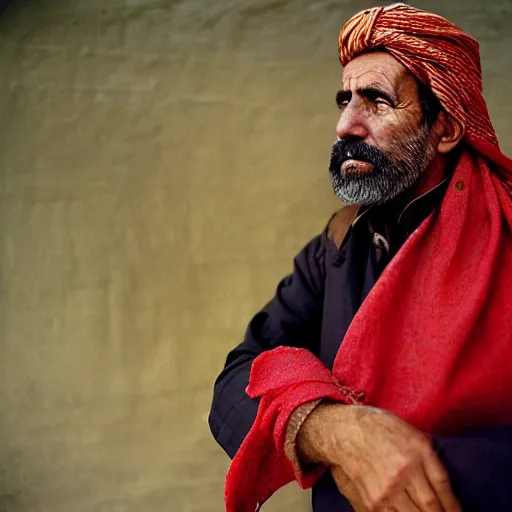 Prompt: portrait of president martin ban biden as afghan man, green eyes and red scarf looking intently, photograph by steve mccurry