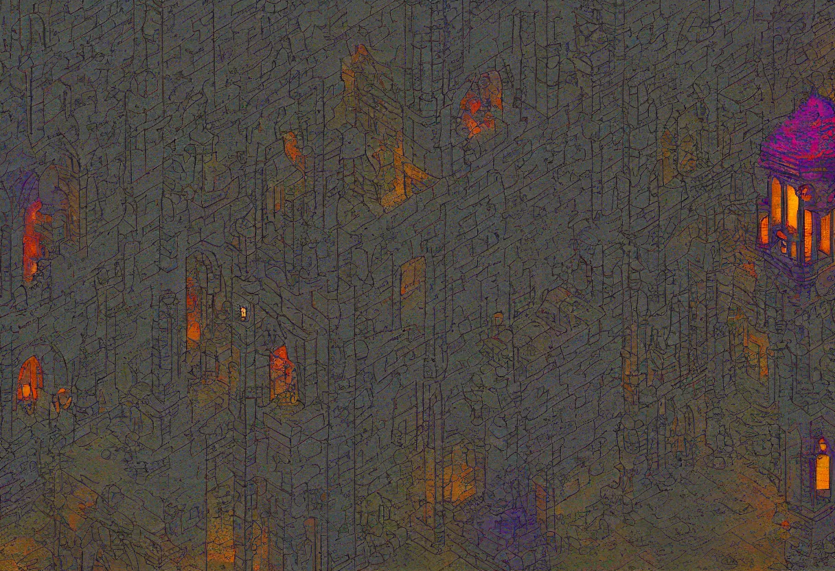 Image similar to inside a castle, night time, 16bits, pixel art, degradation filter, compression, low saturation, crushed colors , chromatic aberration, 2D, flat