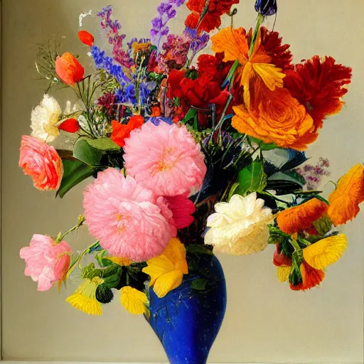 Image similar to A still life painting of a vase of flowers, with a bright and colorful palette, by Dutch artist Jan van Huysum