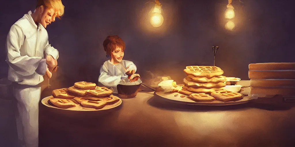 Prompt: A couple baking waffles, digital art, epic lighting