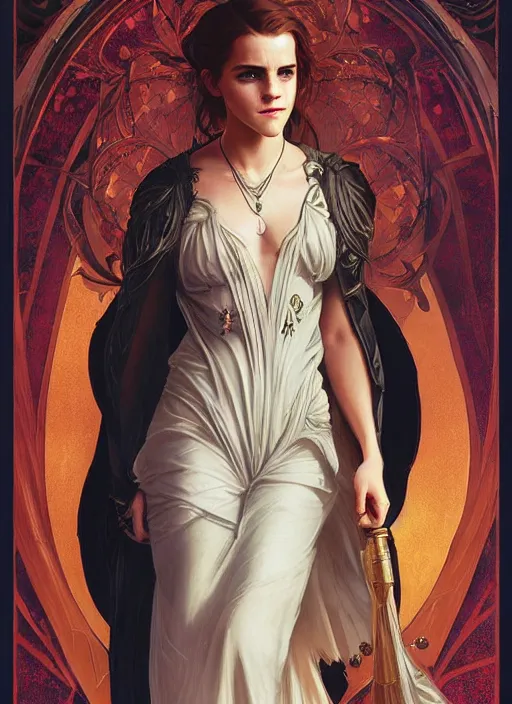 Image similar to Emma Watson as Lucifer morningstar, very detailed, digital art, concept art, illustration, trending on ArtStation, art byvgreg rutkowski and alphonse mucha and J. C. Leyendecker and Edmund Blair Leighton and Ashley wood