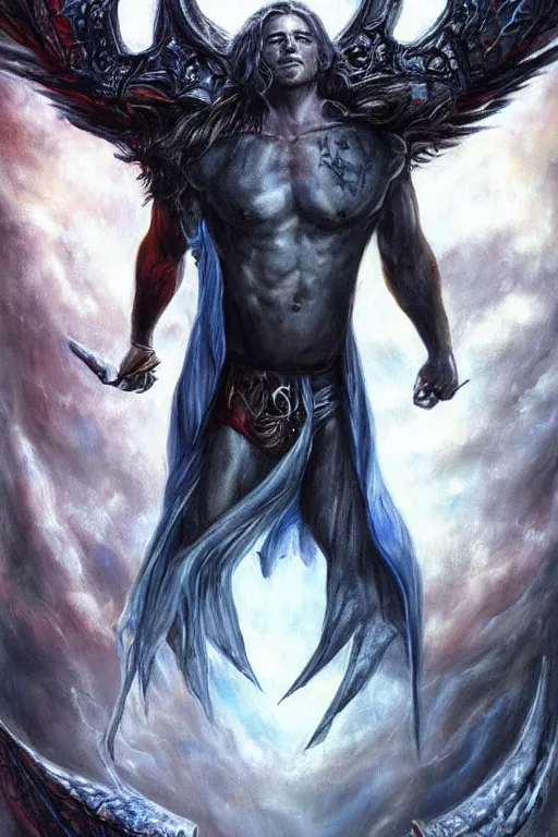 Prompt: front portrait of attractive sam winchester as a muscularshaman with demon wings wide open, teared apart shirt whole body tattooed with runes and symbols, d & d!, fantasy style, sharp focus!, ultra detailed, art by artgerm and peter andrew jones, wlop