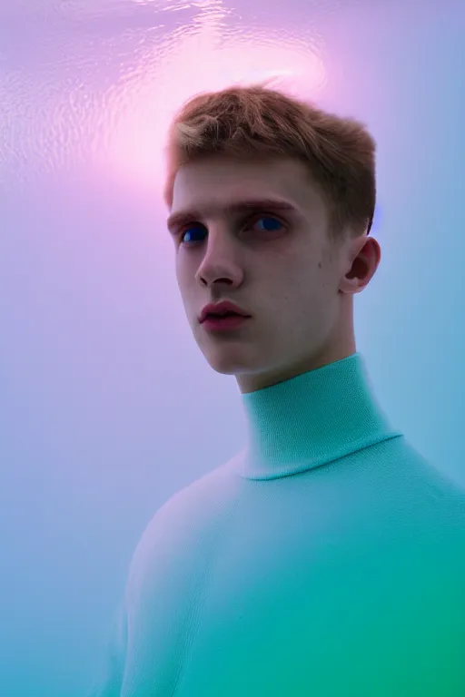 Image similar to high quality pastel coloured film mid angle portrait photograph of a beautiful young 2 0 year old male, soft features, short hair, perspex space visor and oversized inflated clothing!!!! icelandic black! rock pool environment. atmospheric three point light. photographic. art directed. ( pastel colours ). volumetric. clearcoat. waves. 8 k. filmic.