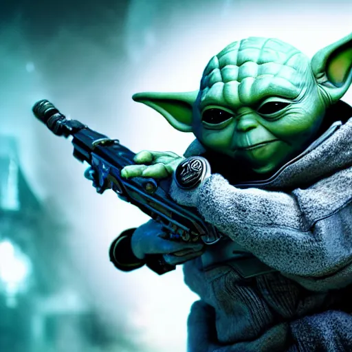 Image similar to yoda as buzz lightyear buzz lightyear in gears of war, splash art, movie still, cinematic lighting, dramatic, octane render, long lens, shallow depth of field, bokeh, anamorphic lens flare, 8 k, hyper detailed, 3 5 mm film grain