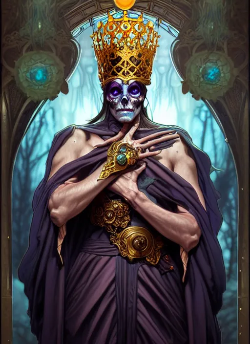 Prompt: undead king, tarot card, highly detailed, deep focus, elegant, digital painting, smooth, sharp focus, illustration, ultra realistic, 8 k, art by artgerm and alphonse mucha