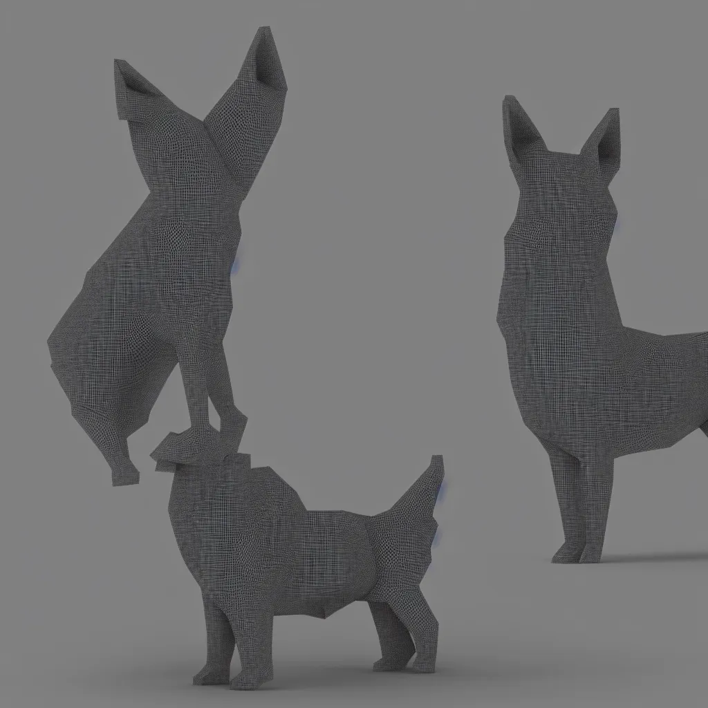 Prompt: 3 d render of chinese tangram of german shepherd figure made of dark gray pieces on light gray background, 2 d image