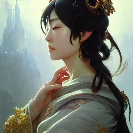 Prompt: beautiful nanao arai, closeup, d & d, fantasy, intricate, elegant, highly detailed, digital painting, artstation, concept art, matte, sharp focus, illustration, art by artgerm and greg rutkowski and alphonse mucha