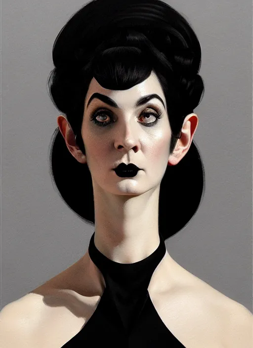 Image similar to portrait of a round faced woman with a crooked nose and a confident expression, 1 9 6 0 s, black clothes, goth, punk, funk, intricate, elegant, highly detailed, digital painting, artstation, concept art, smooth, sharp focus, illustration, art by wlop, mars ravelo and greg rutkowski