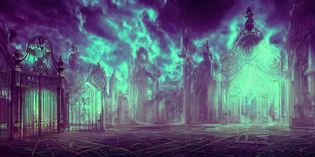 Prompt: [ palate ] [ nebulous energy ] [ muted neon colors ] intricate giant victorian style gateway to purgatory, souls waiting at the gate, paisley cloud pattern, award winning composition, vibrant neon nebulous clouds, symmetrical details, hyper realistic illustration, radiant light rays, photorealistic illustration, intricate and fine details, volumetric lighting, artstation