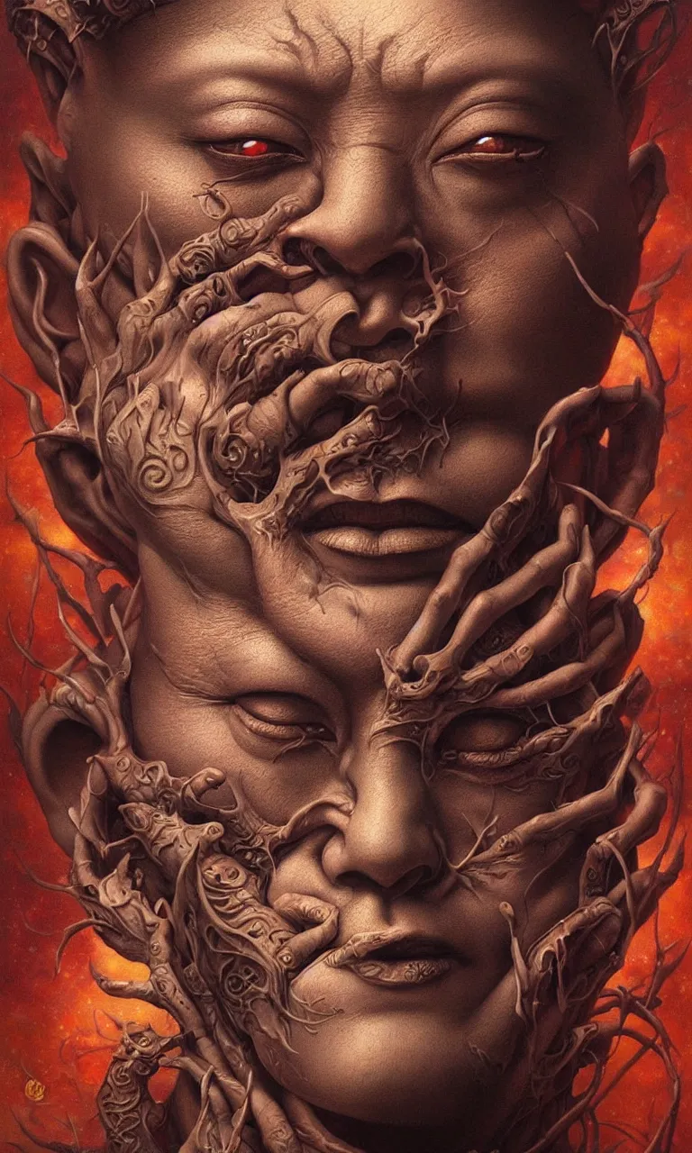 Prompt: a hyperrealistic acrylic portrait painting of morpheus by artgerm, beksinski and thomas kinkade. intricate details. believable eyes. tattoos on face. epic fantasy art. a full body portrait of chinese buddhist mythology, manga cover titled, oimmortal beast from chinese mythology