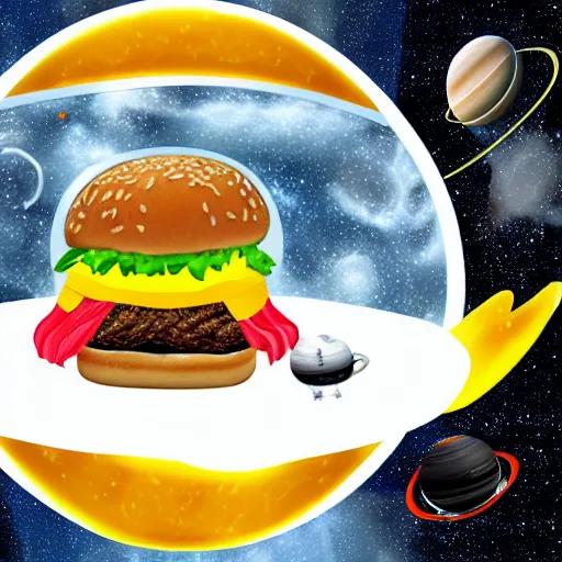 Image similar to a hamburger in the galaxy with solar system sauce