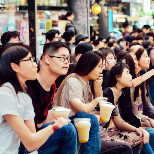 Prompt: photo of a crowd of people drinking boba milk tea staring at the camera, hyperrealistic, 4 k