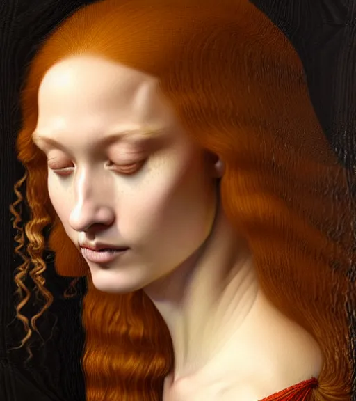 Image similar to portrait of a long - haired woman winning the lotterysitting upon a table with heightened detail, poised, intense emotion, detailed facial expression, detailed surroundings, intricate, elegant, highly detailed, centered, digital painting, artstation, concept art, smooth, sharp focus, illustration, by ( leonardo da vinci ), wlop