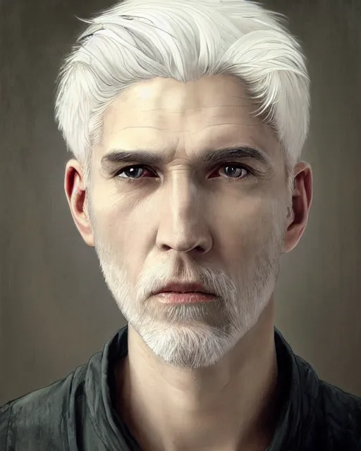 Image similar to portrait of 4 0 - year - old man with white hair with a pale complexion, pointed face and grey eyes, clear smooth face, no beard wearing black clothes, hyper realistic face, beautiful eyes, close up, fantasy art, in the style of greg rutkowski, intricate, alphonse mucha, hyper detailed, smooth