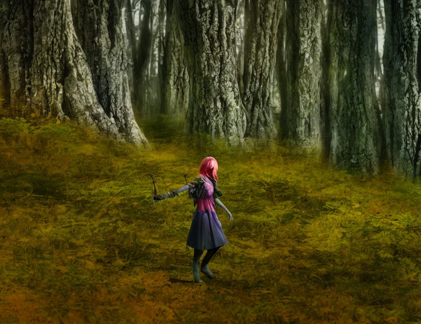 Image similar to ravenfolk woman wandering in the lichen woods. safe for work, complementary colors, anime still, luminescent, 3 d render, 4 k, rimlight.