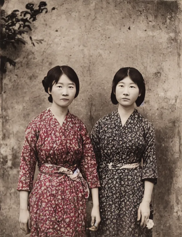 Prompt: color photography of two women in floral dress in taiwan by hisaji hara