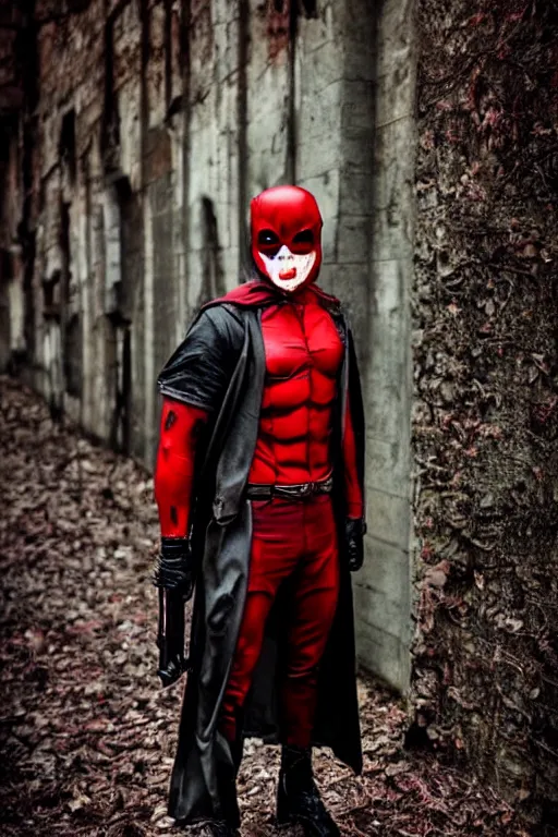 Image similar to red hood cosplay, creepy, disturbing, bloody, darkness, grainy