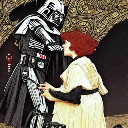 Image similar to a detailed picture of darth vader playing fetch with r 2 - d 2, intricate, elegant, highly detailed, digital painting, artstation, concept art, matte, sharp focus, illustration, art by rebecca guay and by arthur rackham and by alphonse mucha and by john william waterhouse