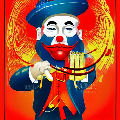 Image similar to champagne communist clown, chinese propaganda, vivid colors, poster art style, detailed image, saturated colors, dominating red, detailer portrait