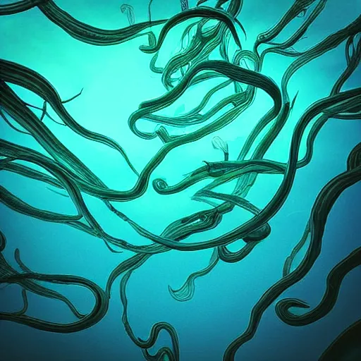 Image similar to “a swarm of dark tentacles underwater, beautiful digital art, underwater photography, deep ocean abyss, dark blue water background”