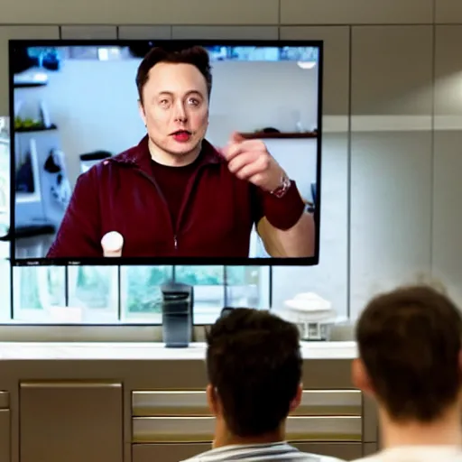 Image similar to picture of elon musk watching tv while cooking a meal, good lighted photo, sharp details, detailed, hd, hdr