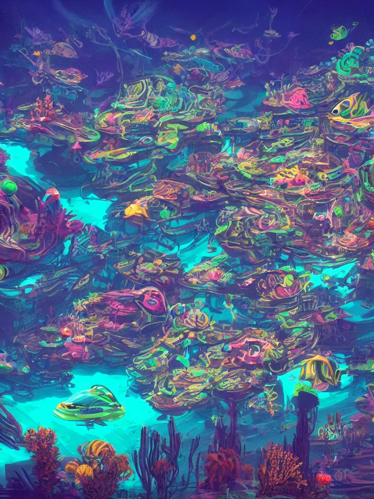 Prompt: neon fish under water at night as seen from overhead by disney concept artists, blunt borders, rule of thirds