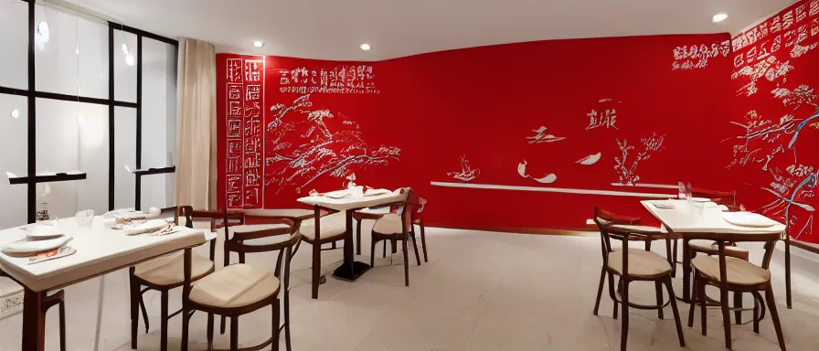 Image similar to a beautiful simple interior render of small roasted string hotpot restaurant restaurant yan'an, wall corner, from china, red paper wall and white tile floor, rectangle white porcelain table, fine simple delicate structure, chinese style, simple composition, simple style structure decoration design, victo ngai, 4 k hd