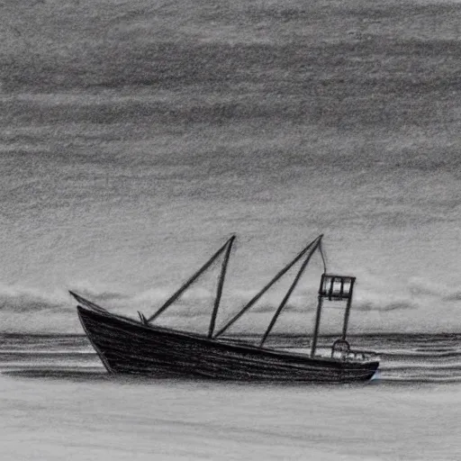 Image similar to A ship on a deserted island, realistic pencil drawing on white background