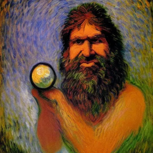 Image similar to caveman with a tinfoil hat, divination ball, portrait by monet