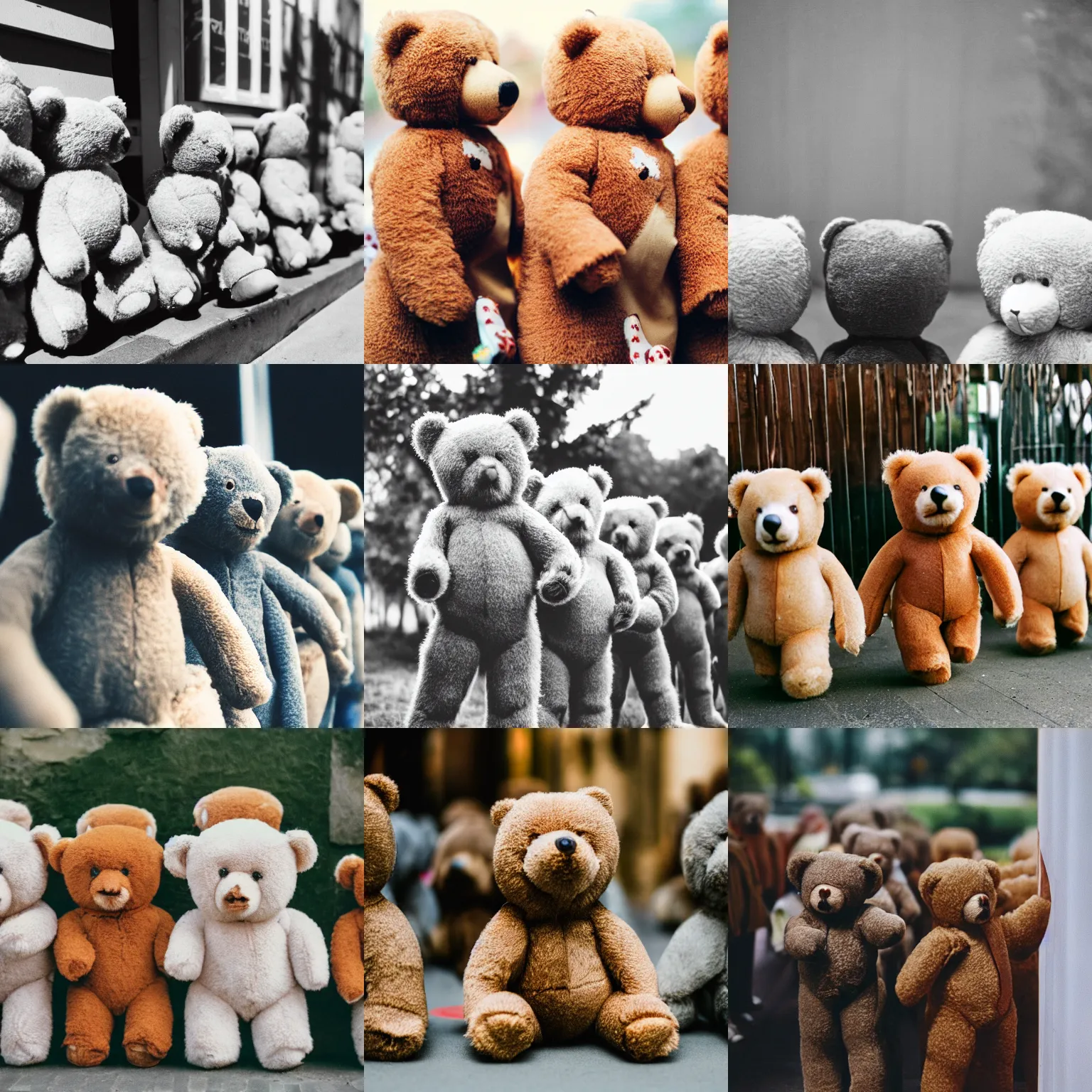 Prompt: Teddy bears standing in line, 35mm photography