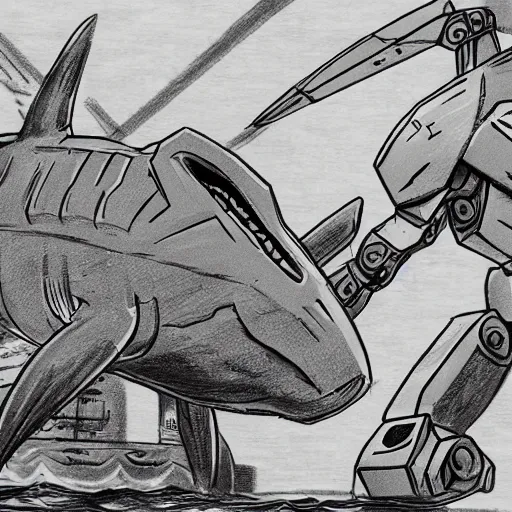 Image similar to a storyboard sketch showing a giant athletic humanoid mecha robot punching a giant humanoid hammerhead shark creature in the head