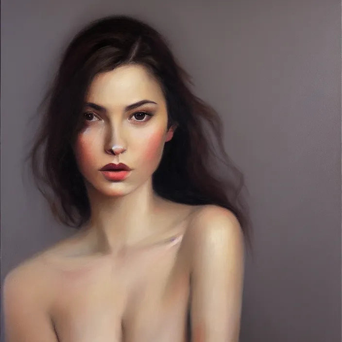 Image similar to alla prima portrait oil painting of young woman with lush dark hair and no makeup, dark beige grey background, lights and shadows, sensual, beautiful composition, hyperrealistic