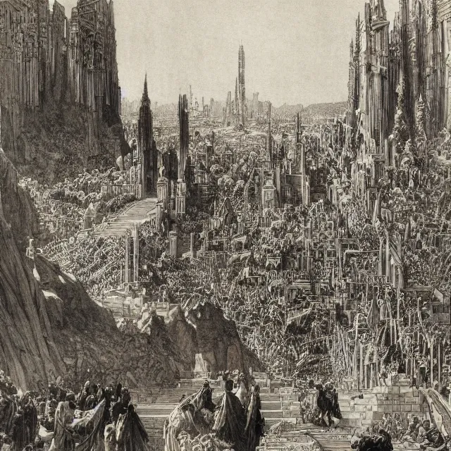 Image similar to artwork by Franklin Booth and Gustav Doré showing the fall of the city of Babylon