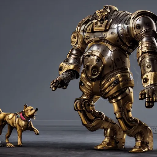 Image similar to cybernetic dog wth golden armor, hard surface, matte painting by jama jurabaev and greg rutkowsky,