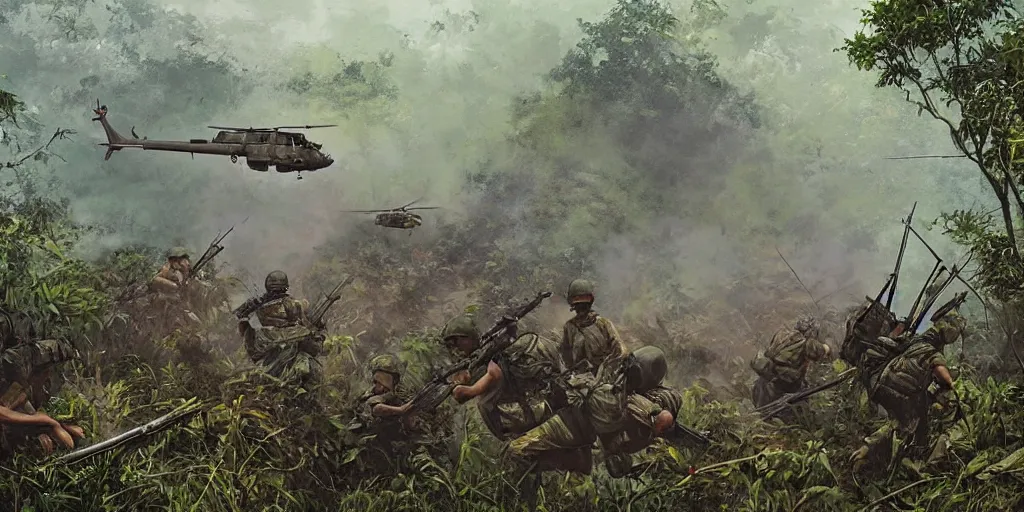 Image similar to vietcong ambushing 3 huey helicopters offloading soldiers in a clearing of a jungle, gritty, realistic, high contrast, cinematic, art by craig mullins