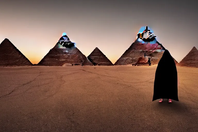 Prompt: mysterious hooded figure in cloak walking on an invisible road towards a red big pyramid with big illuminating gateway in black space, global illumination, hip angle, hyper - realistic cinematic 8 k