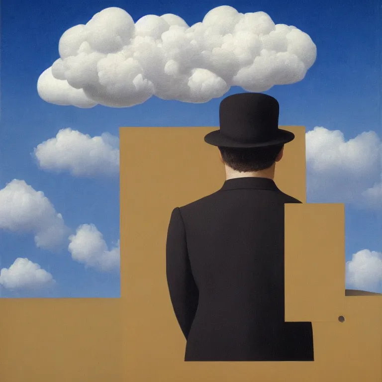 Image similar to portrait of man in a suit with cloud hiding his face by rene magritte, detailed painting, hd, hq, high resolution, high detail, 4 k, 8 k