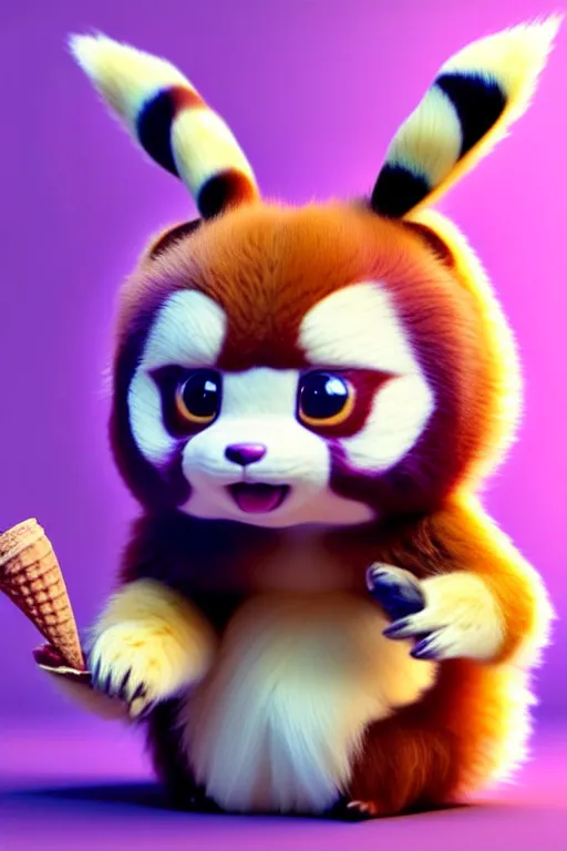 Image similar to high quality 3 d render hyperrealist very cute pastel fluffy! red panda & tarsier hybrid eating giant ice cream full body, vray smooth, in the style of detective pikachu, hannah yata charlie immer, very dramatic pink light, low angle, uhd 8 k, shallow depth or field