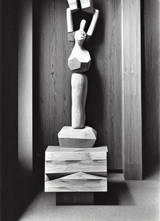 Prompt: realistic photo portrait of the a sculpture of a person in a shape of a bird made of wood, poorly designed, arte povera, fluxus, dadaism standing in the wooden polished and fancy expensive wooden museum interior room 1 9 9 0, life magazine reportage photo