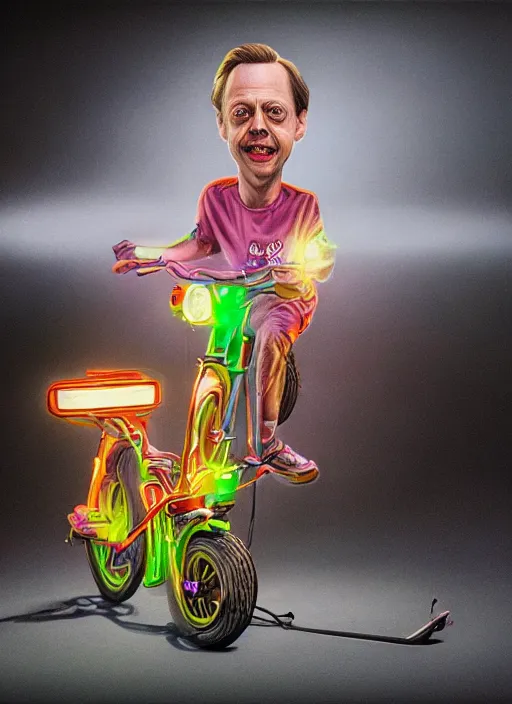 Prompt: hyperrealism steve buscemi riding a tricycle, light effect, hyper detailed, claymation, cartoon, detailed, realistic materials, sharp focus, synthwave, neon, modern