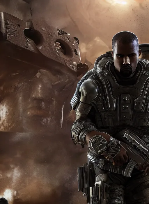 Image similar to kanye west as muammar kadhafi in gears of war, splash art, movie still, detailed face, cinematic lighting, dramatic, octane render, long lens, shallow depth of field, bokeh, anamorphic lens flare, 8 k, hyper detailed, 3 5 mm film grain